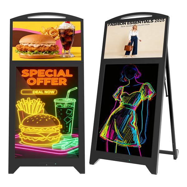 43'' portable digital signage with 21.5'' LCD Screen and 32'' LED Message Writing Board, Rechargable Battery(10-14H) Digital Signage And Wheels | 360SPB®