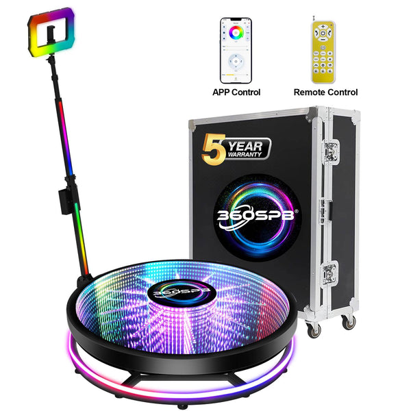 360 Photo Booth Machine with Colorful, RGB Light Pole and Square Ring Light For and Flower Shape RGB Light Glass Cover For Events Weddings Parties | 360SPB®
