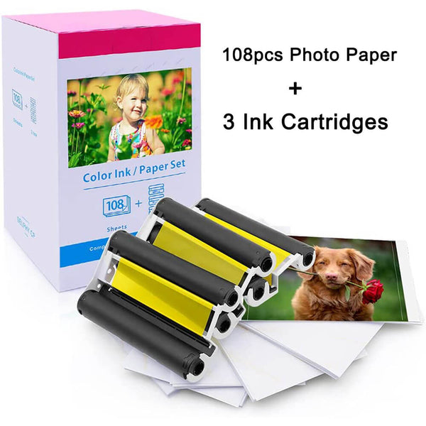 Tinta y papel compatibles con Canon Selphy CP1300/CP1500 360SPB KP-108IN KP108 con 3 cartuchos de tinta de color